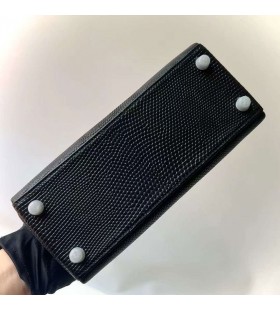 Torebki Kelly Matte Lizard Ck89 Czarna, Srebrne Okucia 25cm Pełna Ręczna Robota Phw