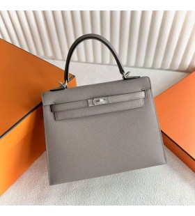 Kelly Epsom M8 Średnio-szary Srebrny Okucia 25 cm Całkowicie Ręcznie Phw