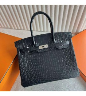 Torby Birkin Matte Porosus Crocodile Ck89 Czarna, Srebrne Okucia 30cm PeÅna RÄczna Robota Phw