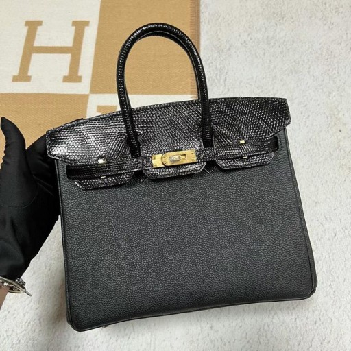 Birkin Atinge Togo și Strălucitor Șopârlă Ck89 Negru Hardware-ul de Aur 25cm Full Manual