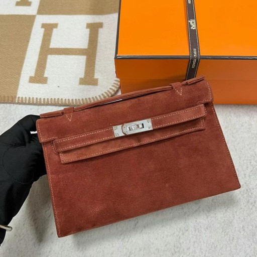 Mini Kelly Pochette piele de Căprioară teddy de culoare Argint Hardware Phw 22cm Full Manual