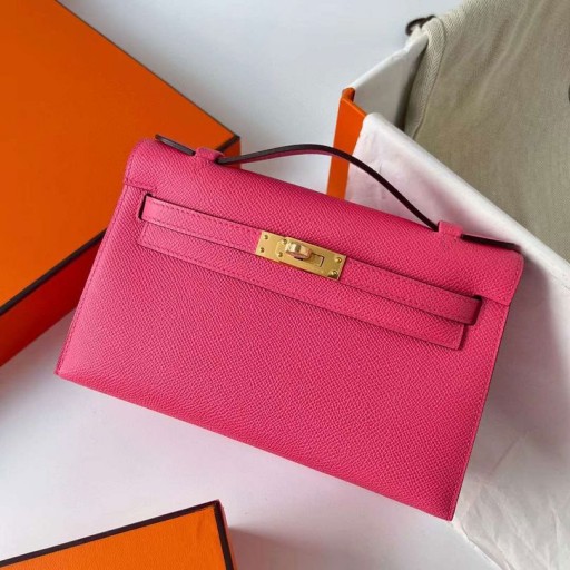 Mini Kelly Pochette Epsom 8W ruj roz Hardware-ul de Aur 22cm Ghw Full Manual