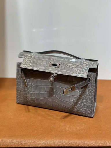 Kelly Pochette Strălucitoare aligator, crocodil 0V gri Crystal Silver Hardware 22cm Full Manual Phw