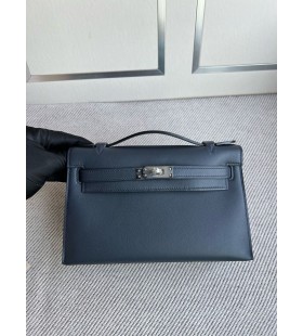 Mini kelly pochette Swift albastru indigo Argint Hardware PHW 22cm Full Manual