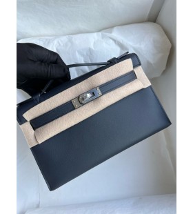 Mini kelly pochette Swift albastru indigo Argint Hardware PHW 22cm Full Manual