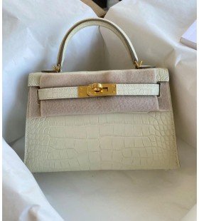 Mini Kelly Mat Aligator 8L alb-Crem Hardware-ul de Aur 19cm Full Manual