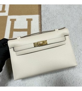 Mini Kelly Pochette Epsom Ck10 Alb-Crem Hardware-ul de Aur 22cm Full Manual