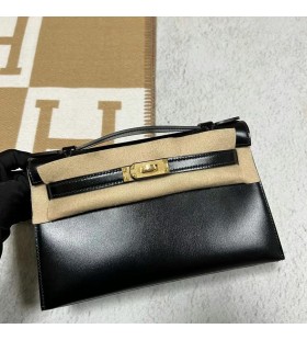 Mini Kelly Pochette Boxcalf Ck89 Negru Hardware-ul de Aur 22cm Full Manual