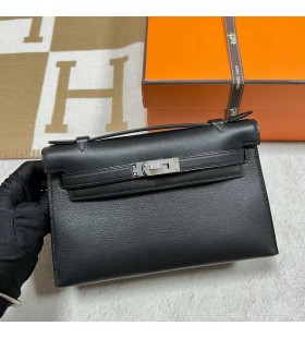 Mini Kelly Pochette Swift Ck89 Negru Argintiu Hardware Ghw 22cm Full Manual