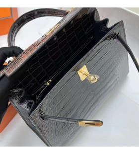 Kelly Strălucitoare aligator, Crocodil Ck88 Grafit Hardware-ul de Aur Ghw 25cm Full Manual