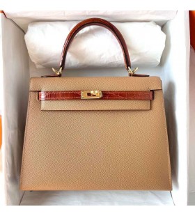 Kelly Atinge Epsom & StrÄƒlucitor Niloticus crocodil Ceai Kaki si Maro Hardware-ul de Aur Ghw 25cm Full Manual