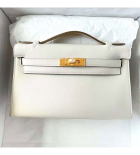 Mini Kelly Pochette Swift Ck10 Alb-Crem Hardware-ul de Aur Ghw 22cm Full Manual