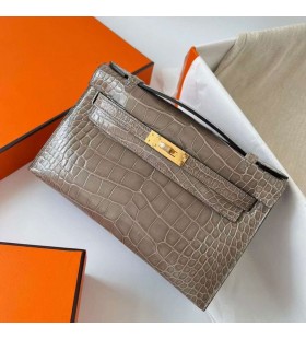 Mini Kelly Pochette StrÄlucitoare Aligator Ck81 Gris Tourterelle Hardware-ul de Aur Ghw 22cm Full Manual