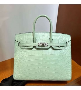 Birkin Sellier Mat Aligator, crocodil Verde Argint Hardware 25cm Full Manual Phw