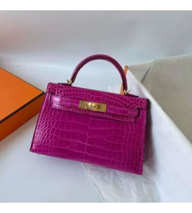 Mini Kelly StrÄƒlucitoare Aligator J5 Deep purple Aur roz Hardware 19cm Full Manual Ghw