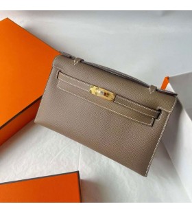 Kelly Pochette Epsom Ck18 Etoupe Gri Hardware-ul de Aur 22cm Full Manual Ghw