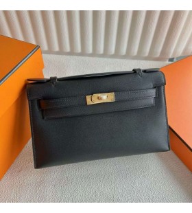 Mini Kelly Pochette Swift Ck89 Negru Hardware-ul de Aur 25cm Full Manual Ghw