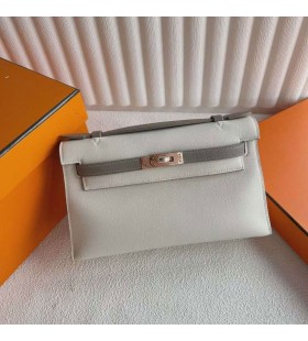 Mini Kelly Pochette Swift Ck10 Alb Crem & M8 Grey Rose Gold Hardware 22cm Full Manual Rghw