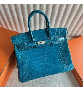Birkin strÄƒlucitoare Aligator, Crocodil 7W Albastru Lzmir Argint Hardware 25cm Full Manual Phw