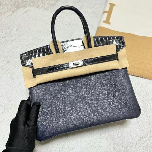 Birkin Dotyk Togo & Lesklé krokodíla Deep blue Silver Hardvéru 25 cm Full Ručné