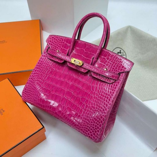 Birkin lesklé alligator krokodíla j5 Ruža Pink Gold Hardvéru Phw 25 cm Full Ručné