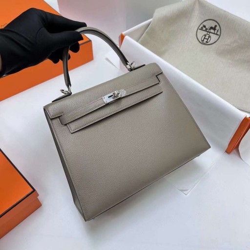 Kelly Chevre Ck81 Gris & 3Q Ružová Strieborná Hardvéru Phw 25 cm Full Ručné