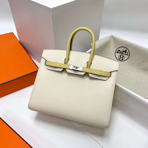 Birkin Sellier Epsom I2 Krémová Biela & 1Z Svetlo Žltá, Strieborná Hardvéru 25 cm Full Ručné