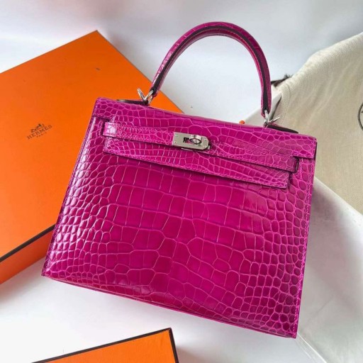 Kelly Lesklé Alligator Krokodíla J5 Deep Rose Ružová, Fialová, Strieborná Hardvéru Phw 25 cm Full Ručné