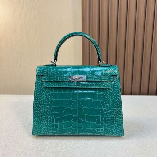 Kelly Lesklé Alligator Krokodíla O6 Jazero zelená Strieborná Hardvéru 25 cm Full Ručné Phw