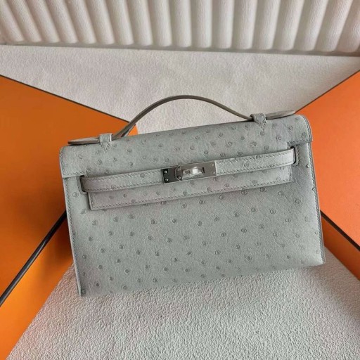 Mini Kelly Pochette Ostrich Ck80 Pearl grey Silver Hardware 22cm Full Handmade Phw