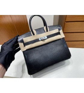 Birkin Lizard ck89 Black Silver Hardvéru PHW 25 cm Full Ručné