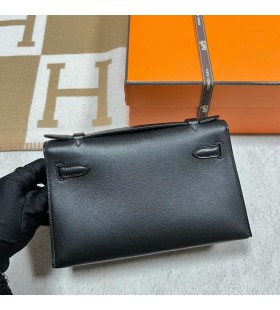 Mini Kelly Pochette Swift Ck89 Black Silver Hardv&Atilde;&copy;ru Ghw 22 cm Full Ru&Auml;n&Atilde;&copy;