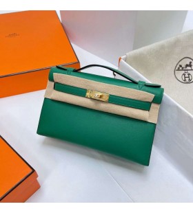Mini Kelly Pochette Swift U4 Velvet zelené Zlato Hardvéru Ghw 22 cm Full Ručné