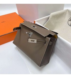 Mini Kelly Pochette Swift Ck18 Etoupe Sivá & 9D Žltá žltá Strieborný Hardware phw 22 cm Full Ručné