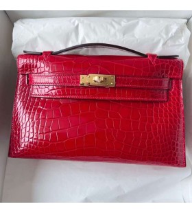 Mini Kelly Pochette Lesklé Alligator krokodíla Ck95 Ferrari červené Zlato Hardvéru Ghw 22 cm Full Ručné
