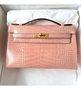 Mini Kelly Pochette Lesklé Alligator krokodíla P1 Light Rose Ružové Zlato Hardvéru Ghw 22 cm Full Ručné