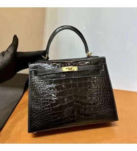 Kelly Lesklé Alligator KrokodÃla Ck89 Äierne Zlato Hardvéru 25 cm Full RuÄné Ghw
