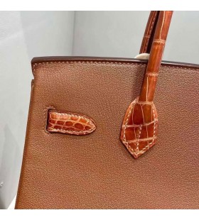 Birkin Chevre & Lesklé Niloticus Hnedý, Strieborný Hardware 30 cm Full Ručné Phw