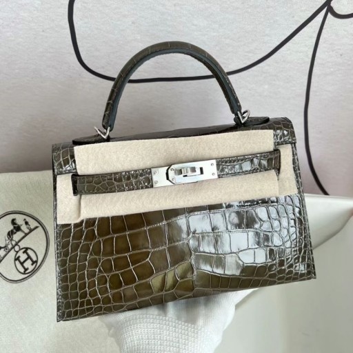 미니 켈리 빛나는 악어 악어 6H 올리브 녹색 은 하드웨어 PHW19cm 전체 핸드