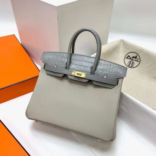 버킨 터치 Togo&광택이 없는 악어 Ck80 펄 그레이 Gold 하드웨어 Ghw25cm 전체 핸드