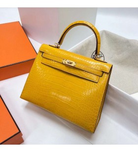 켈리 빛나는 악어 악어 9D 박 옐로우 골드 하드웨어 25cm 전체 핸드