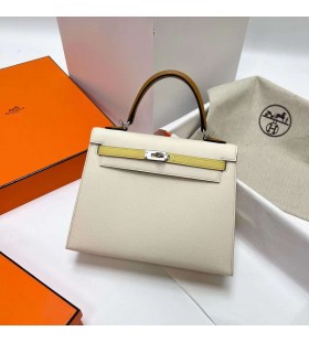 켈리 Epsom i2 크리미 화이트&1z 밝은 노란색&2S 참깨 노란 은 하드웨어 25cm 전체 핸드