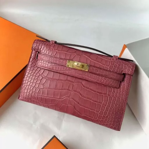 Kelly Pochette Mat Okovi od Zlata pod Kožu Krokodila 22 cm Potpuna Ručna izrada Ghw
