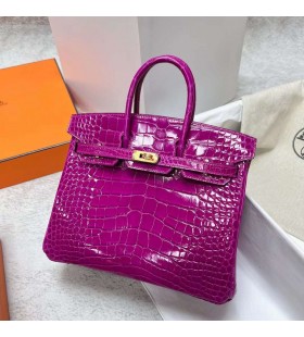 Birkin Sjajna Aligator crocodile J5 Tamno LjubiÄasta Zlatni Okovi Ghw 25 cm, Potpuna RuÄna izrada