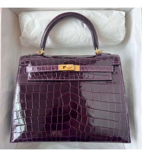 Kelly je Sjajna Krokodil Nilo 9G Crystal Violet-Zlatni Okovi Ghw 25 cm, Potpuna RuÄna izrada