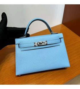 Mini Kelly Epsom 7N Candy Blue Srebrni Okovi 19 cm Potpuna RuÄna izrada Phw