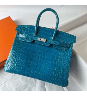 Birkin sjajna aligator krokodil 7 W Ð˜Ð·Ð¼Ð¸Ñ€ÑÐºÐ°Ñ plava Srebrna Okovi 25 cm, Potpuna RuÄna izrada Phw