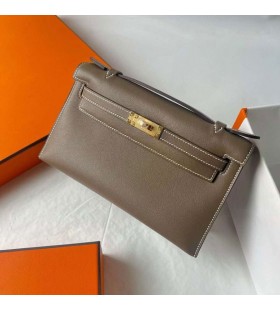 Kelly Pochette Swift Ck18 Etoupe Sivo-Zlatni Okovi 22 cm u Potpunosti RuÄni Rad Ghw