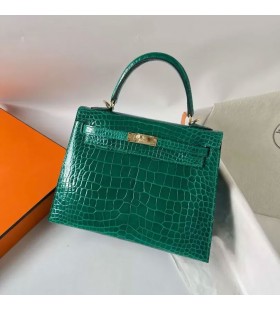 Kelly je Sjajna Aligator Krokodil 6Q Smaragdno-zelena Zlatni Okovi 25 cm, Potpuna RuÄna izrada Ghw
