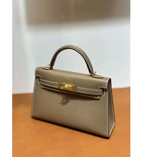 Mini Kelly Epsom Ck18 Etoupe Sivo-Zlatni Okovi 19 cm u Potpunosti Ručni Rad Ghw